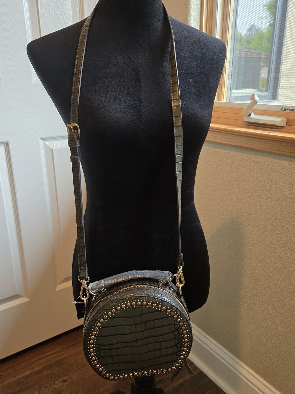 INC International Concepts Olive Croc-Embossed Round Crossbody with Studs